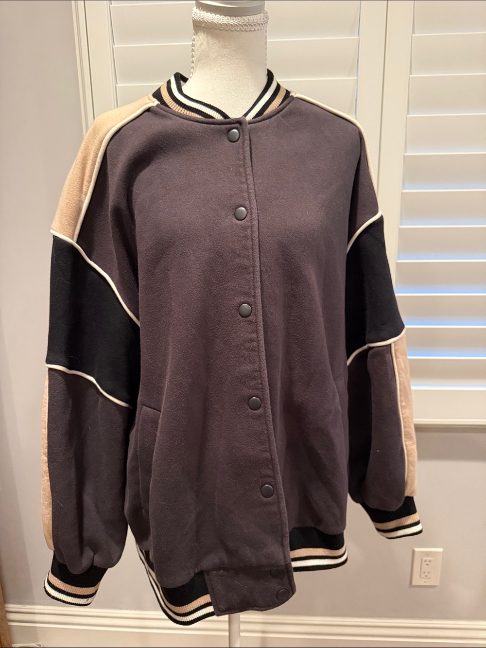H&M Black and Beige Colorblock Varsity Jacket